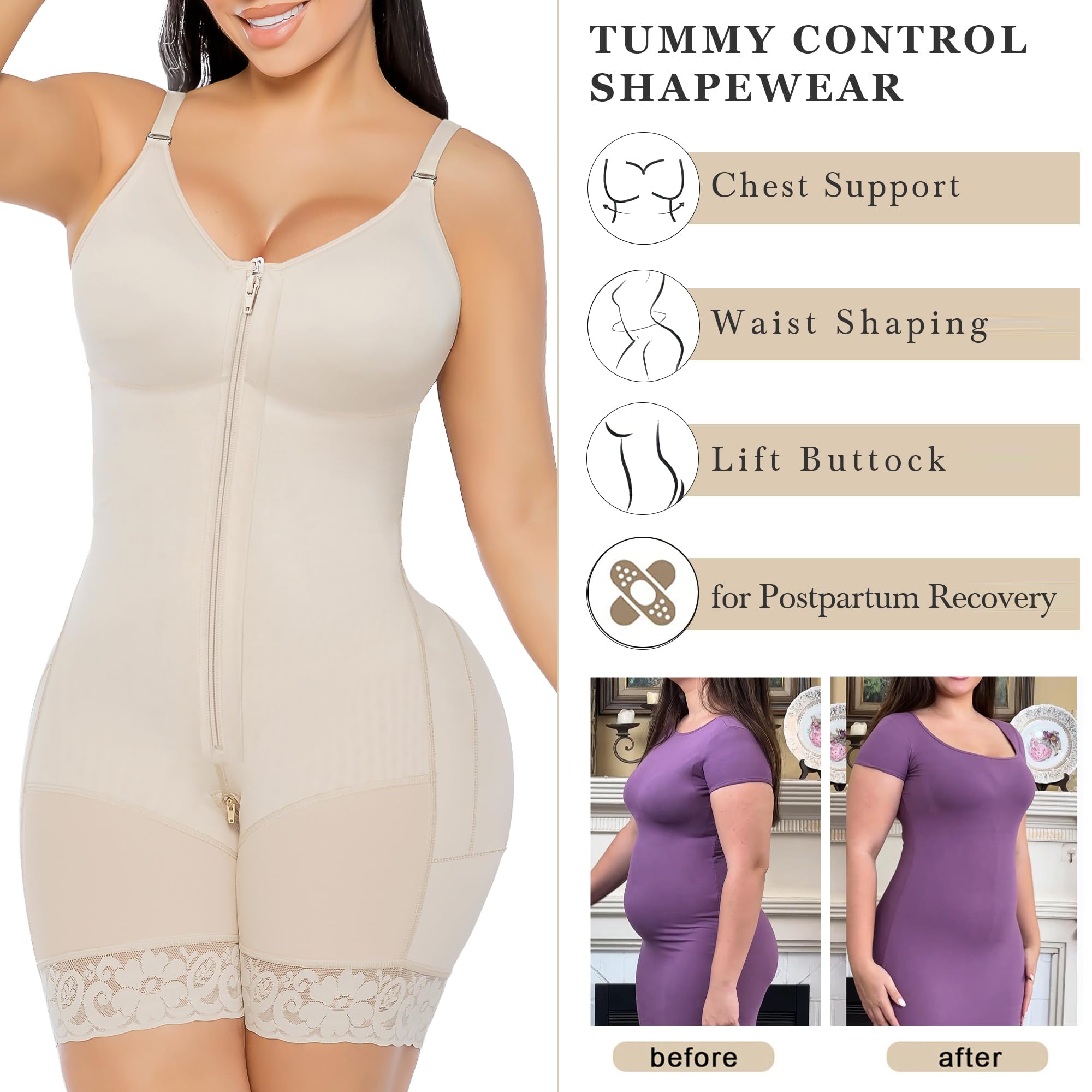 YIANNA - Postpartum Shapewear for Women Tummy Control Butt Lifter Body Shaper with Zipper Crotch