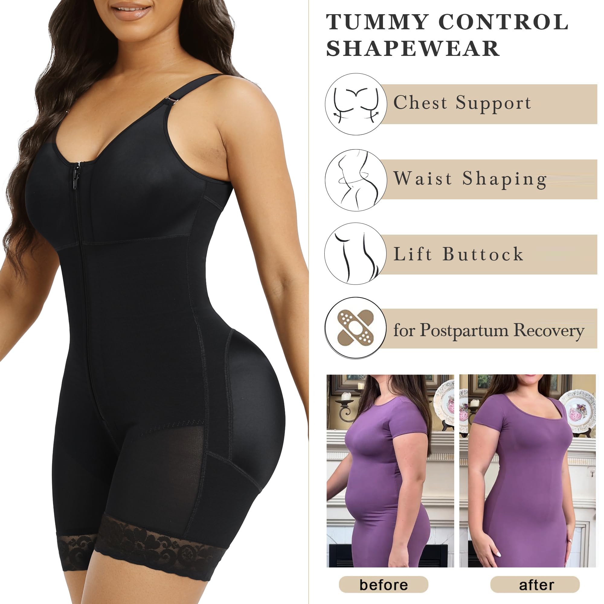 YIANNA - Postpartum Shapewear for Women Tummy Control Butt Lifter Body Shaper with Zipper Crotch